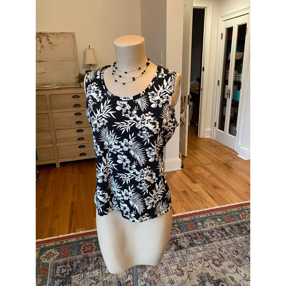 Amber Sun Womens Black White Tropical Floral‎ Tank Top M Rayon Spandex